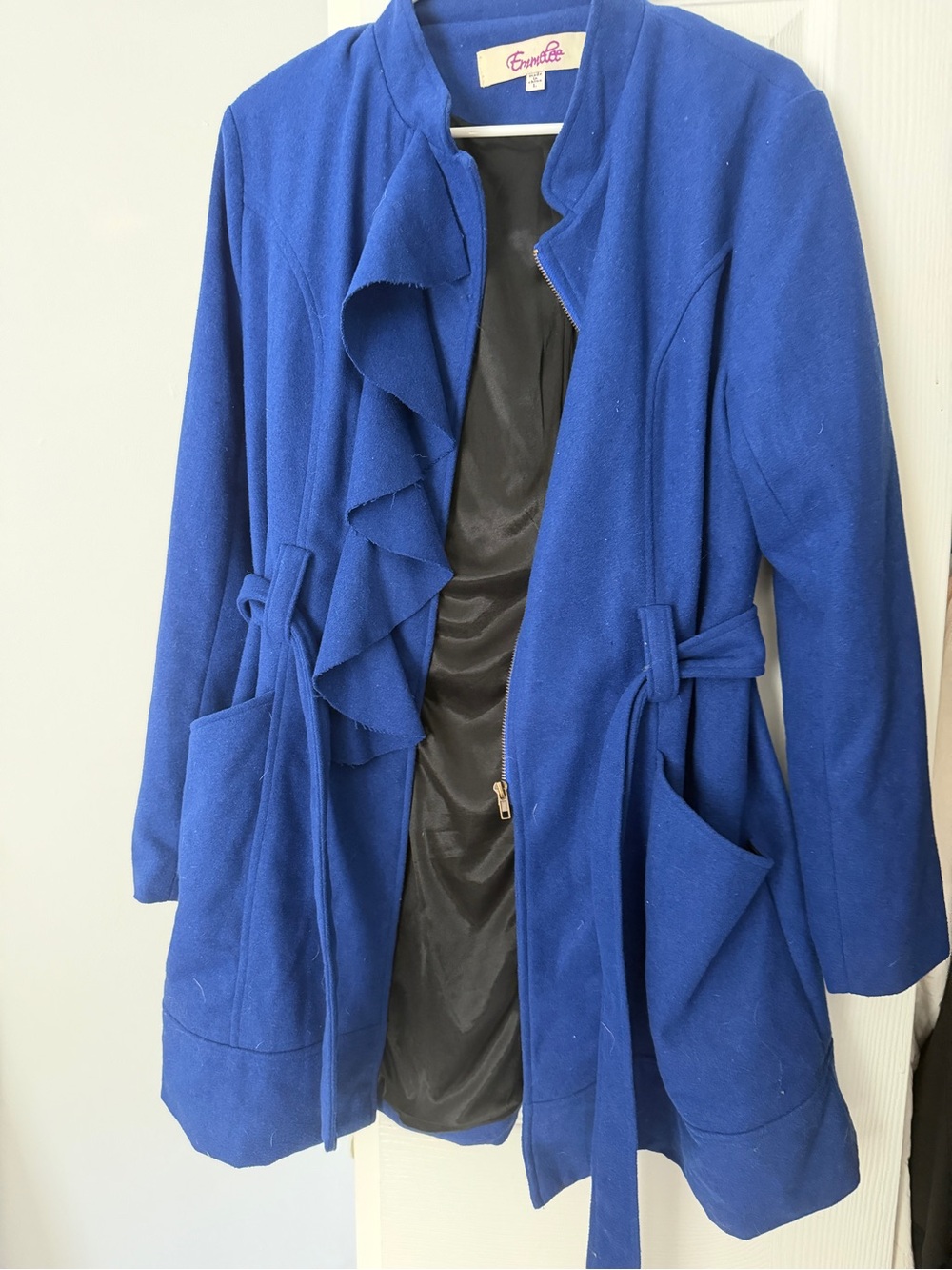 Malo Royal Blue Ruffle-Front Trench Coat